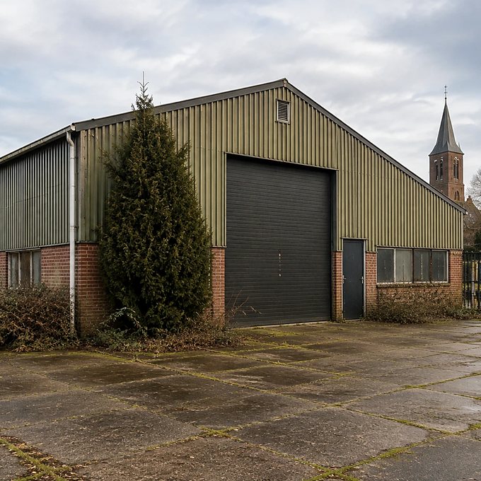 Oude groene loods met roldeur
