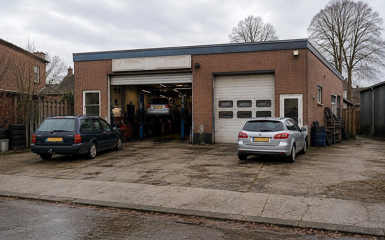 Klein garagebedrijf met open roldeur en auto op de brug